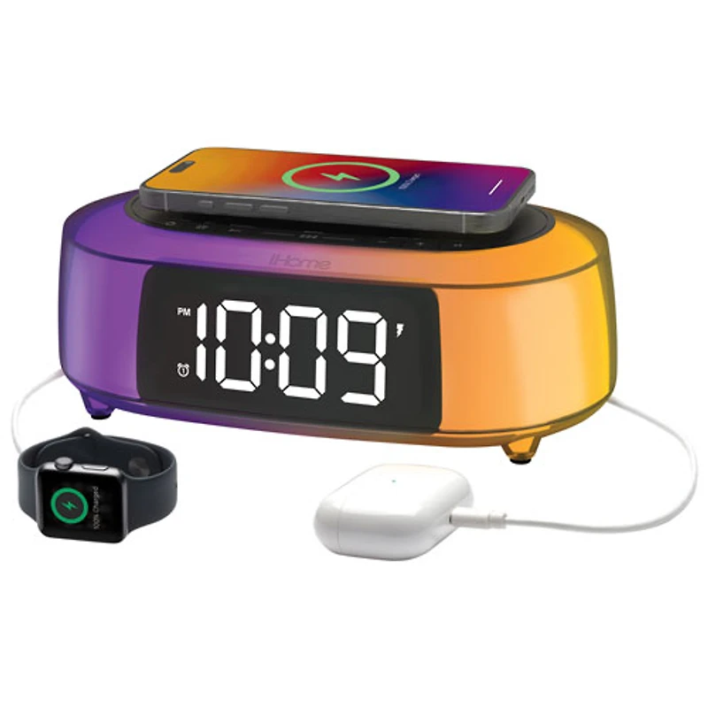 iHome iBTW282 Bluetooth Colour-Changing FM Clock Radio with USB & Wireless Charging