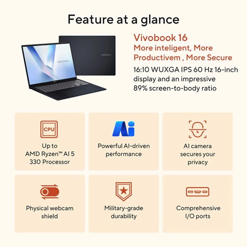 Portable Vivobook Copilot+ PC de 16 po d'ASUS - Bleu calme (Ryzen AI 7 350 d'AMD/mémoire vive de 32 Go/disque SSD de 1 To/Windows 11)