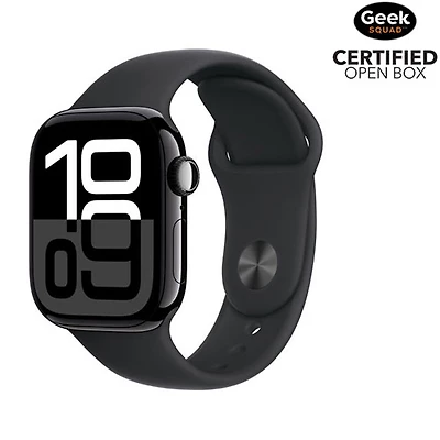 Boîte ouverte - Apple Watch Series 10 (GPS + cellulaire) avec boîtier de 42 mm aluminium noir de jais et bracelet sport noir - Moyen/Grand