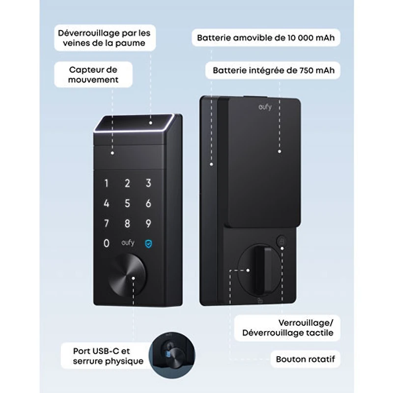 eufy FamiLock E35 Palm-Vein Keyless Entry Wi-Fi Smart Lock with Keypad & Key - Black