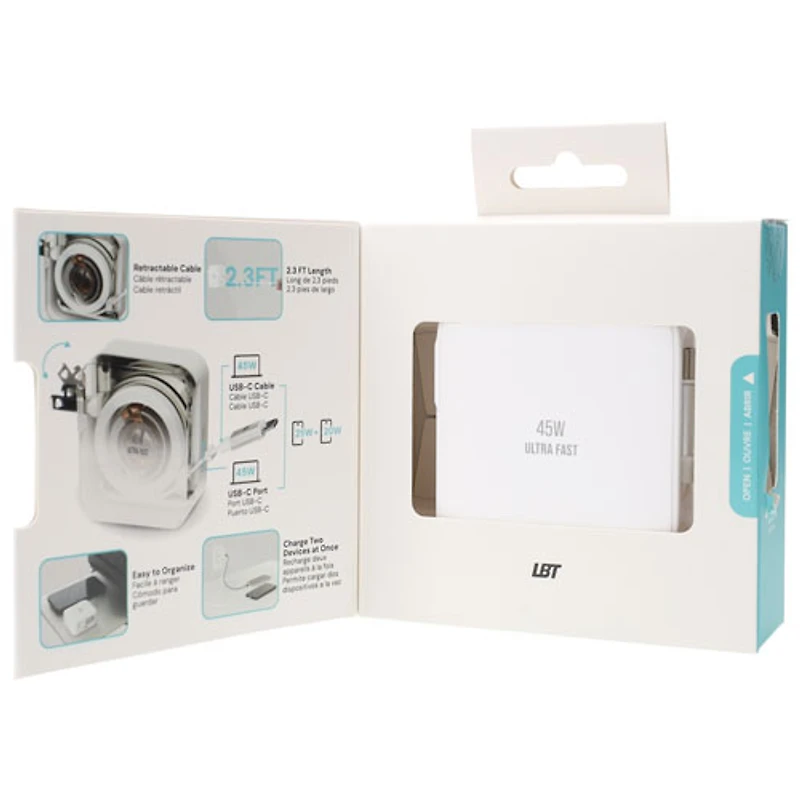 Chargeur mural USB-C PD de 45 W avec câble rétractable intégré de LBT (LBTPD20W)