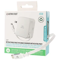 Chargeur mural USB-C PD de 45 W avec câble rétractable intégré de LBT (LBTPD20W)