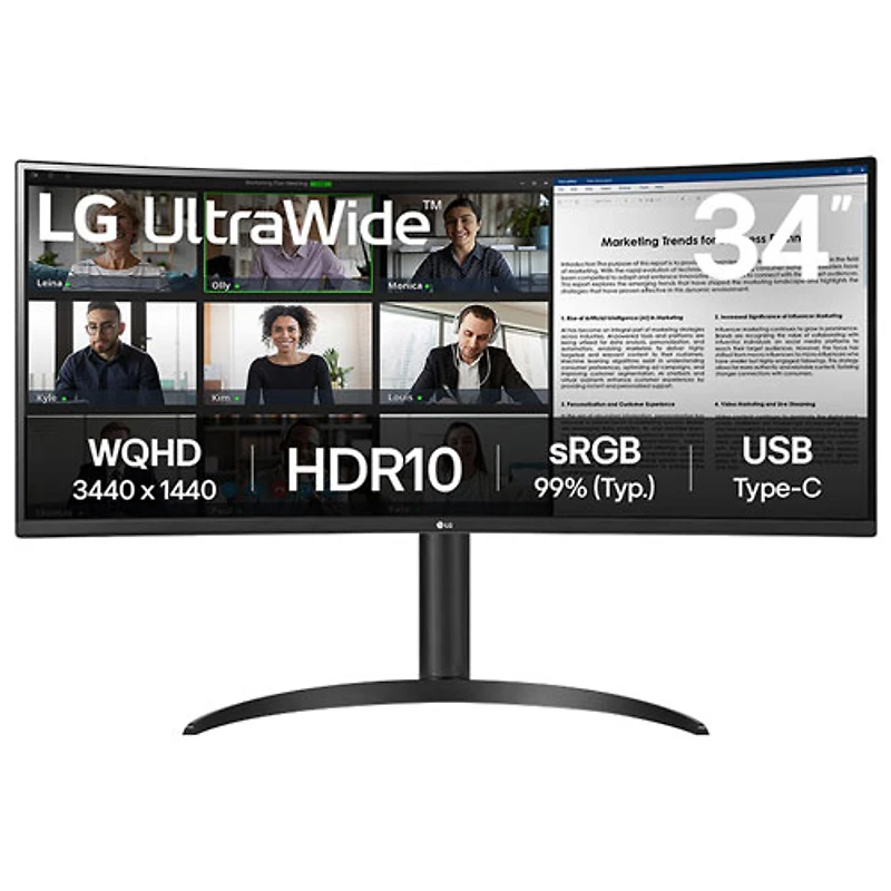 Moniteur incurvé DEL AV WQHD gris à gris 5 ms 100 Hz 34 po de LG (34WR55QK-B) - Noir