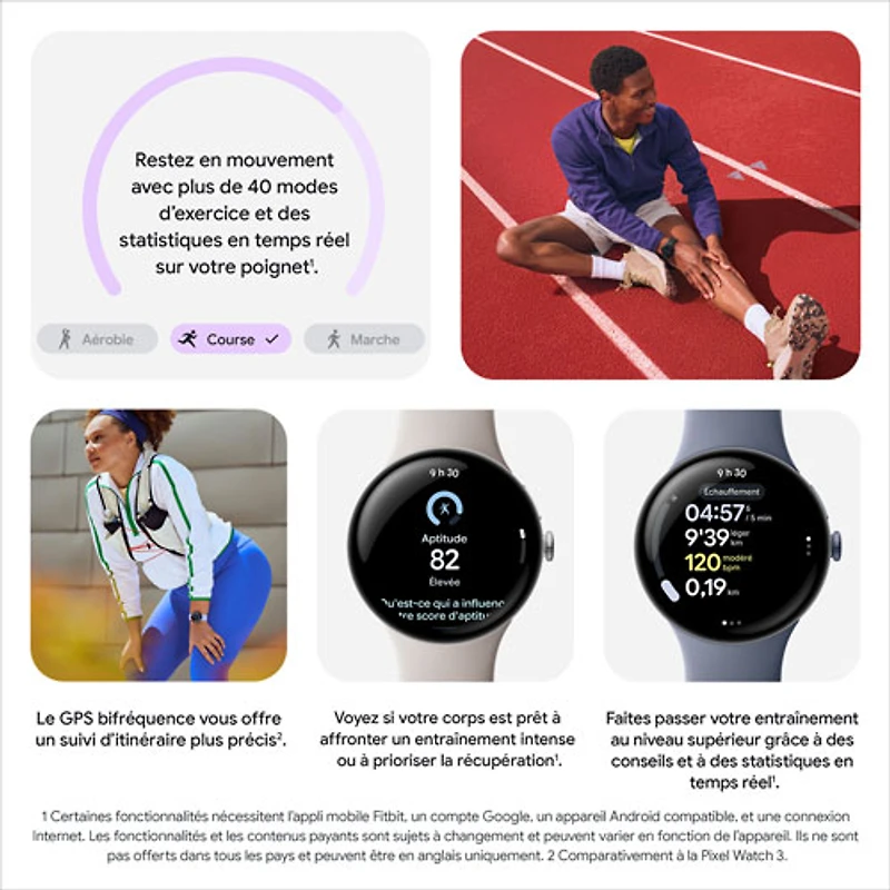 Montre Pixel Watch 4 (Bluetooth) 45 mm de Google avec boîtier en aluminium argenté poli et bracelet sport porcelaine