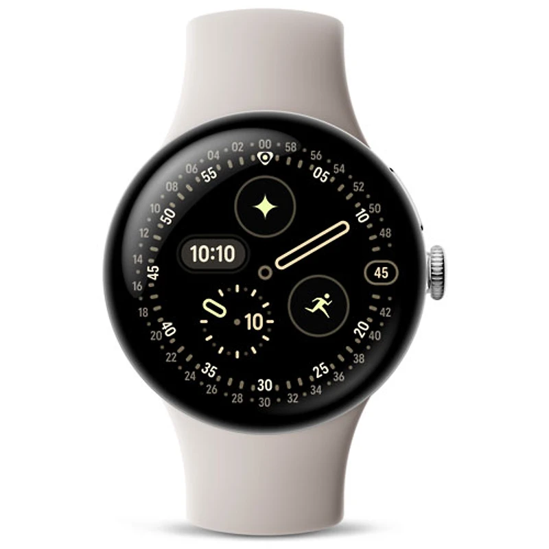 Montre Pixel Watch 4 (LTE) 41 mm de Google avec boîtier en aluminium argenté poli et bracelet sport porcelaine