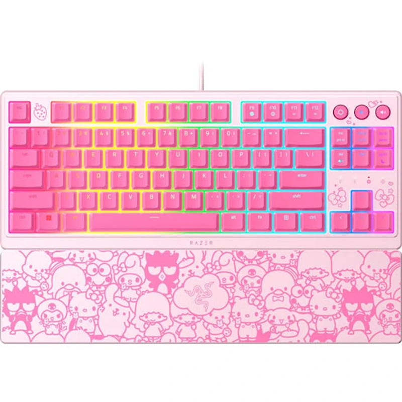 Clavier de jeu rétroéclairé sans pavé numérique à commutateurs à méca-membrane Hello Kitty de Razer