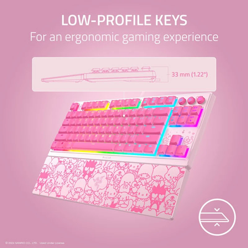 Clavier de jeu rétroéclairé sans pavé numérique à commutateurs à méca-membrane Hello Kitty de Razer