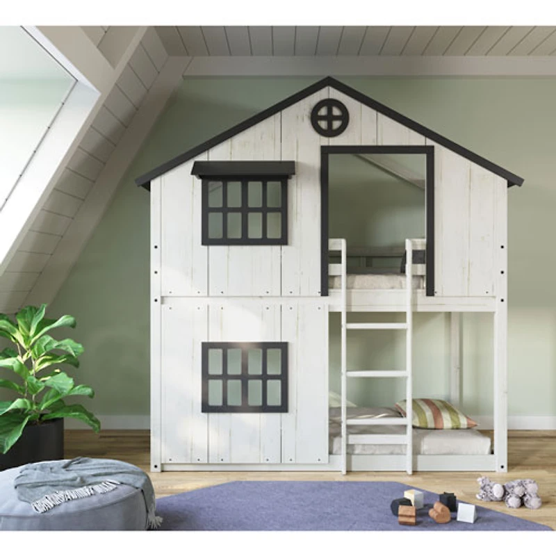 Farmhouse Modern Kids Bunk Bed - White/ Black