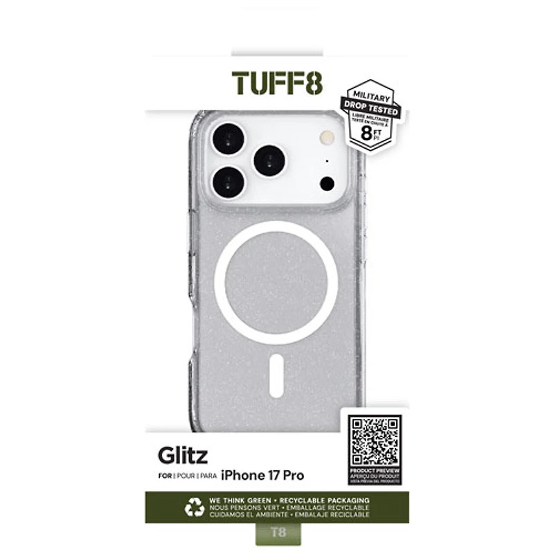 Étui rigide ajusté Glitz de TUFF8 avec MagSafe pour iPhone 17 Pro - Paillettes/Transparent