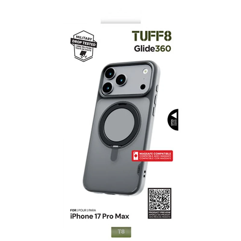 TUFF8 Glide 360 Fitted Hard Shell Case with MagSafe for iPhone 17 Pro Max - Smoke Black