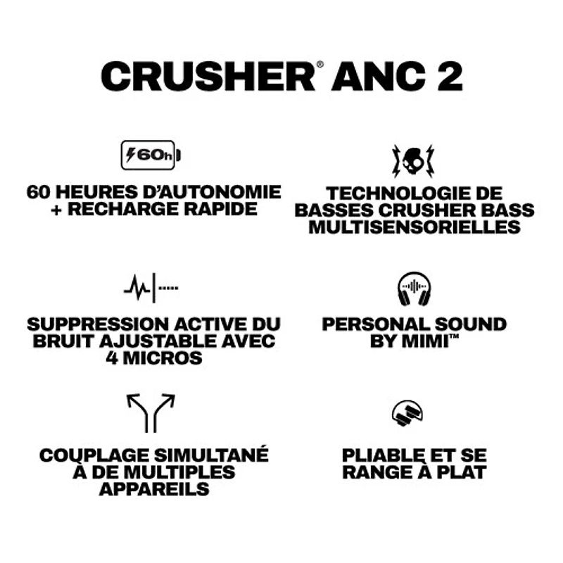 Casque d'écoute Bluetooth à suppression du bruit Crusher ANC 2 de Skullcandy - Plasma