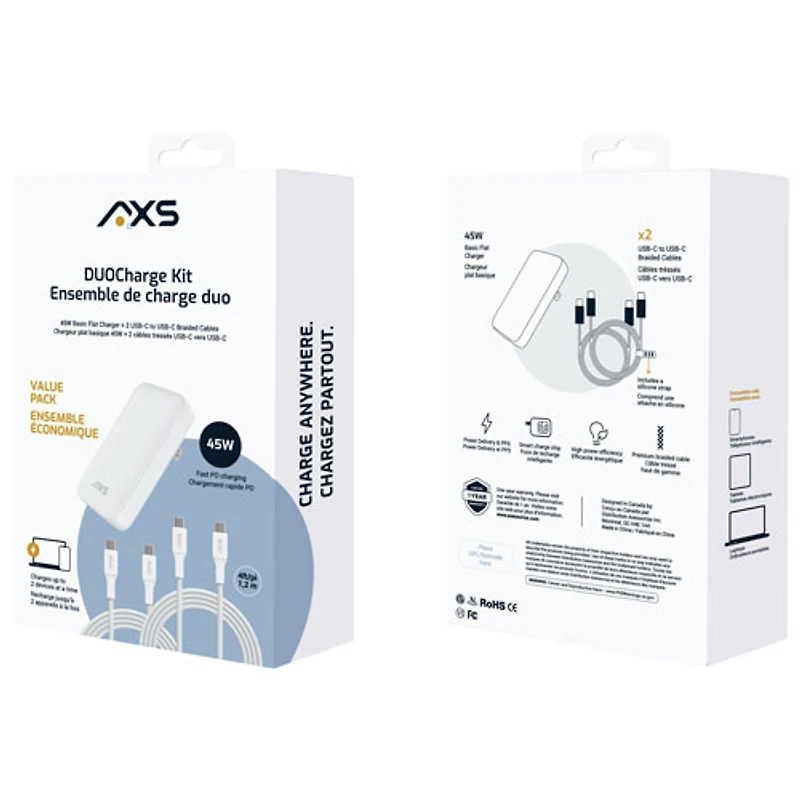 Chargeur mural USB-C 45 W DUOCharge d'AXS avec 2 câbles USB-C - Blanc