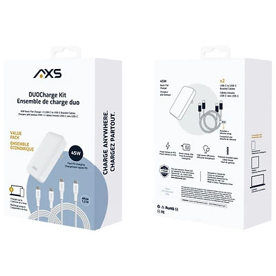 Chargeur mural USB-C 45 W DUOCharge d'AXS avec 2 câbles USB-C - Blanc