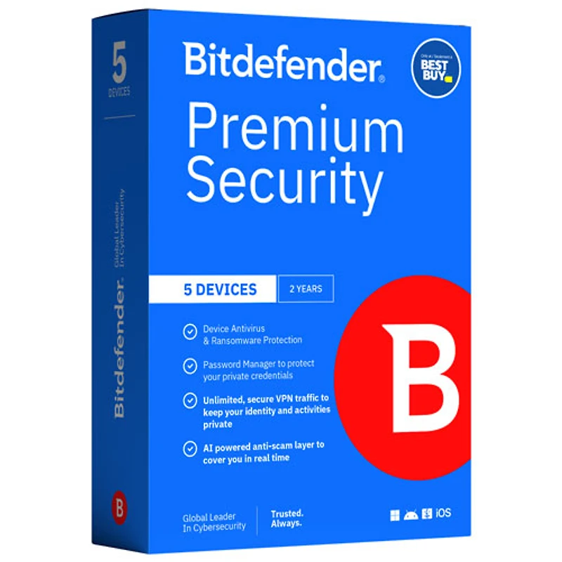 Bitdefender Premium Security Individual Edition (PC/Mac/iOS/Android) - 5 appareils - 1 utilisateur - 2 ans - Exclusivité Best Buy