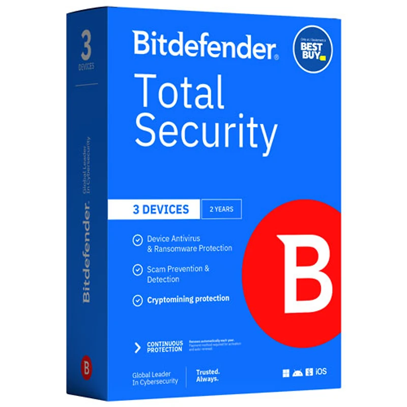Bitdefender Total Security (PC/Mac/iOS/Android) - 3 appareils - 1 utilisateur - 2 ans - Exclusivité Best Buy