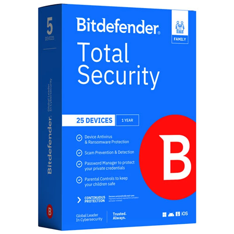 Bitdefender Total Security Family Edition (PC/Mac/iOS/Android) - 25 appareils - 5 utilisateurs - 1 an - Téléchargement numérique