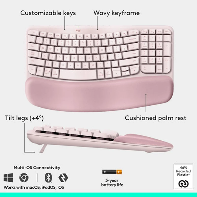 Logitech Wave Keys Bluetooth Membrane Full-Size Ergonomic Keyboard & Mouse Combo- Pink- EN -Only at Best Buy
