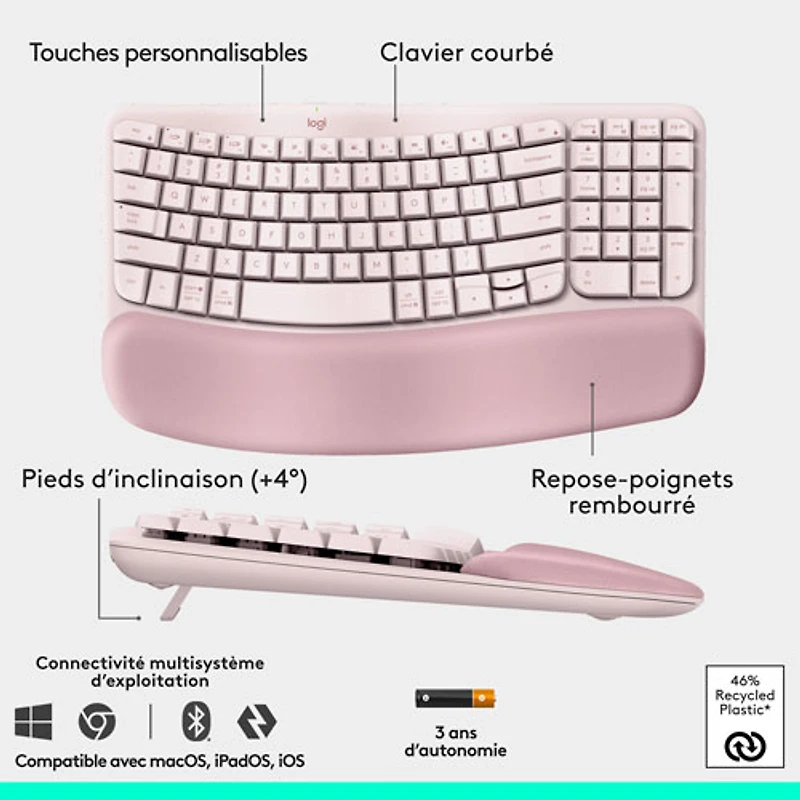Logitech Wave Keys Bluetooth Membrane Full-Size Ergonomic Keyboard & Mouse Combo- Pink- EN -Only at Best Buy