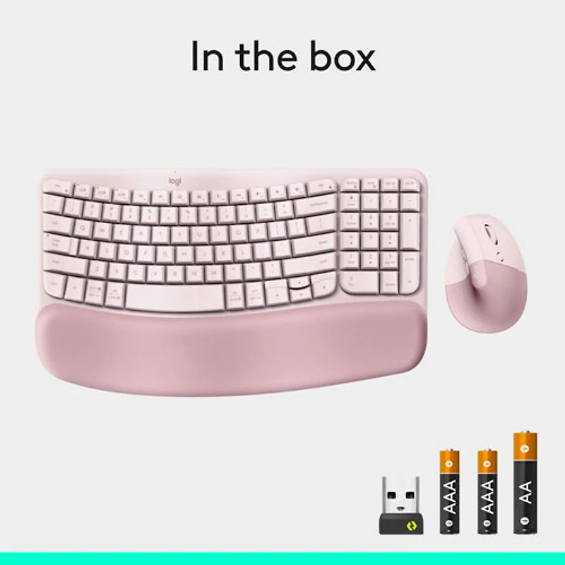 Ensemble souris et clavier ergonomique pleine grandeur à membrane Bluetooth Wave Keys de Logitech - Rose - Anglais - Exclusivité Best Buy