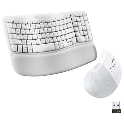 Ensemble souris et clavier ergonomique pleine grandeur à membrane Bluetooth Wave Keys de Logitech - Blanc - Anglais - Exclusivité Best Buy