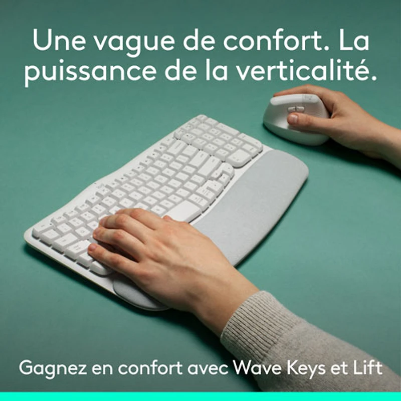 Ensemble souris et clavier ergonomique pleine grandeur à membrane Bluetooth Wave Keys de Logitech - Blanc - Anglais - Exclusivité Best Buy