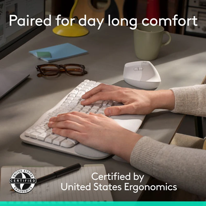 Ensemble souris et clavier ergonomique pleine grandeur à membrane Bluetooth Wave Keys de Logitech - Blanc - Anglais - Exclusivité Best Buy