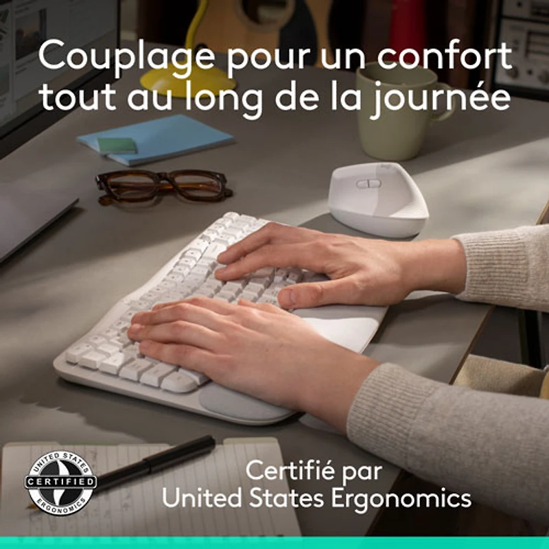 Ensemble souris et clavier ergonomique pleine grandeur à membrane Bluetooth Wave Keys de Logitech - Blanc - Anglais - Exclusivité Best Buy
