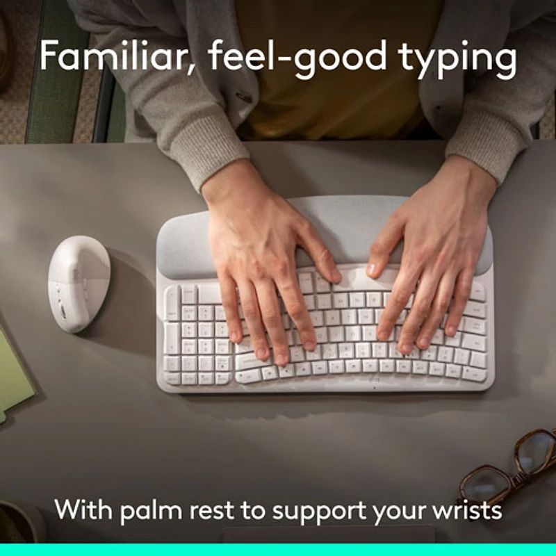 Ensemble souris et clavier ergonomique pleine grandeur à membrane Bluetooth Wave Keys de Logitech - Blanc - Anglais - Exclusivité Best Buy