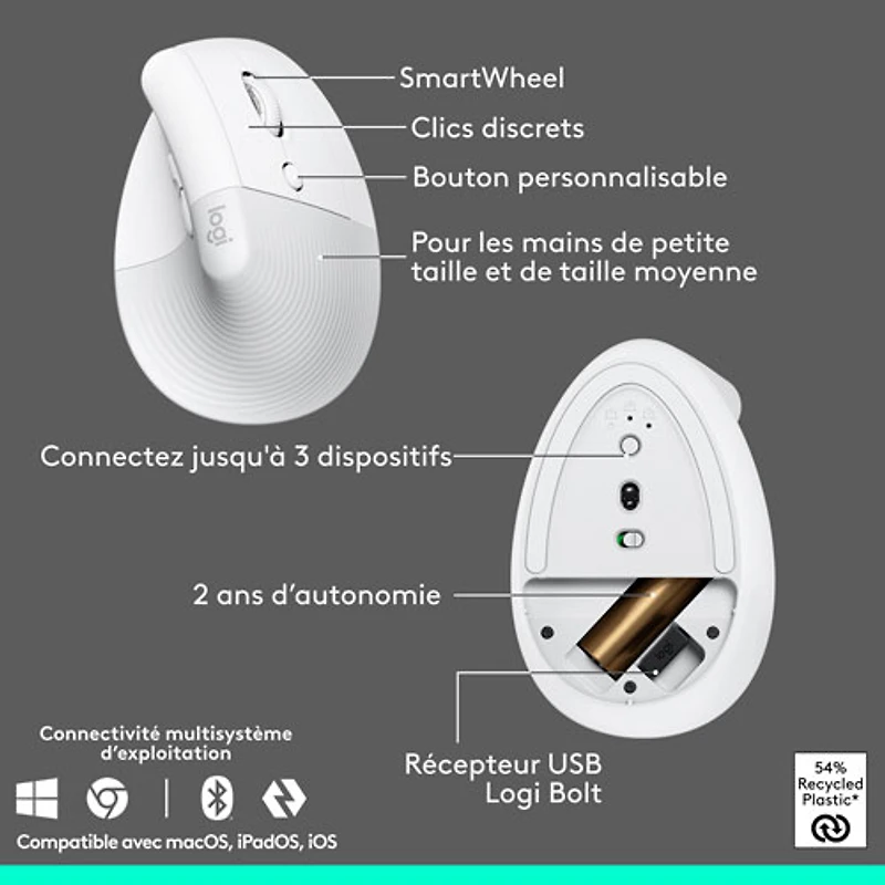Ensemble souris et clavier ergonomique pleine grandeur à membrane Bluetooth Wave Keys de Logitech - Blanc - Anglais - Exclusivité Best Buy