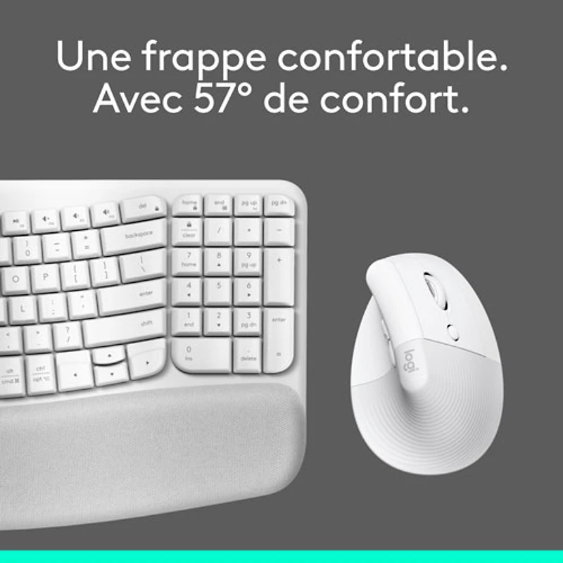 Ensemble souris et clavier ergonomique pleine grandeur à membrane Bluetooth Wave Keys de Logitech - Blanc - Anglais - Exclusivité Best Buy