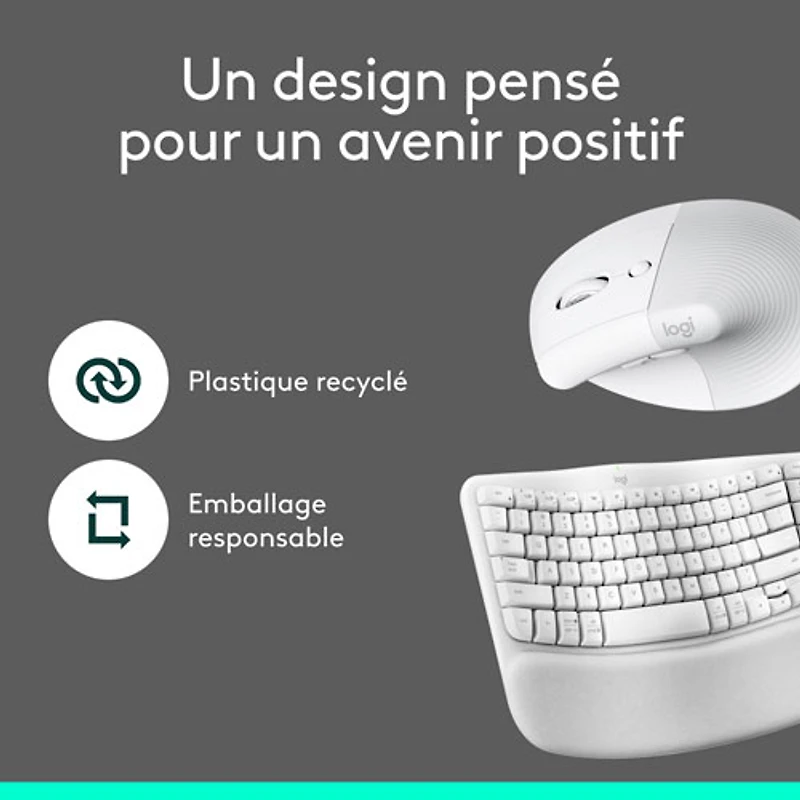 Ensemble souris et clavier ergonomique pleine grandeur à membrane Bluetooth Wave Keys de Logitech - Blanc - Anglais - Exclusivité Best Buy