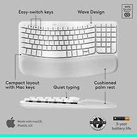 Logitech Wave Keys Bluetooth Membrane Full-Size Ergonomic Keyboard & Mouse Combo for Mac - White - EN -Only at Best Buy