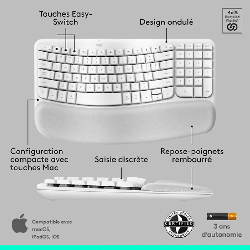 Logitech Wave Keys Bluetooth Membrane Full-Size Ergonomic Keyboard & Mouse Combo for Mac - White - EN -Only at Best Buy