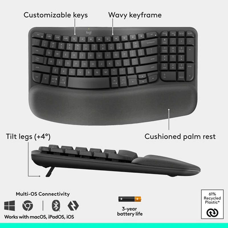 Ensemble souris et clavier ergonomique pleine grandeur à membrane Bluetooth Wave Keys de Logitech - Noir - Anglais