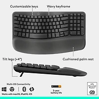 Ensemble souris et clavier ergonomique pleine grandeur à membrane Bluetooth Wave Keys de Logitech - Noir - Anglais