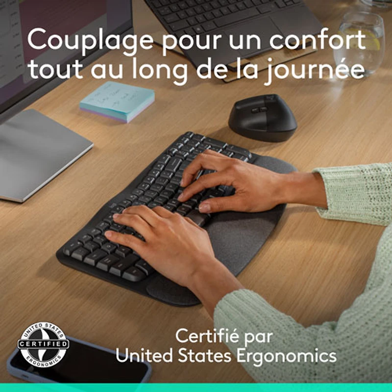 Ensemble souris et clavier ergonomique pleine grandeur à membrane Bluetooth Wave Keys de Logitech - Noir - Anglais