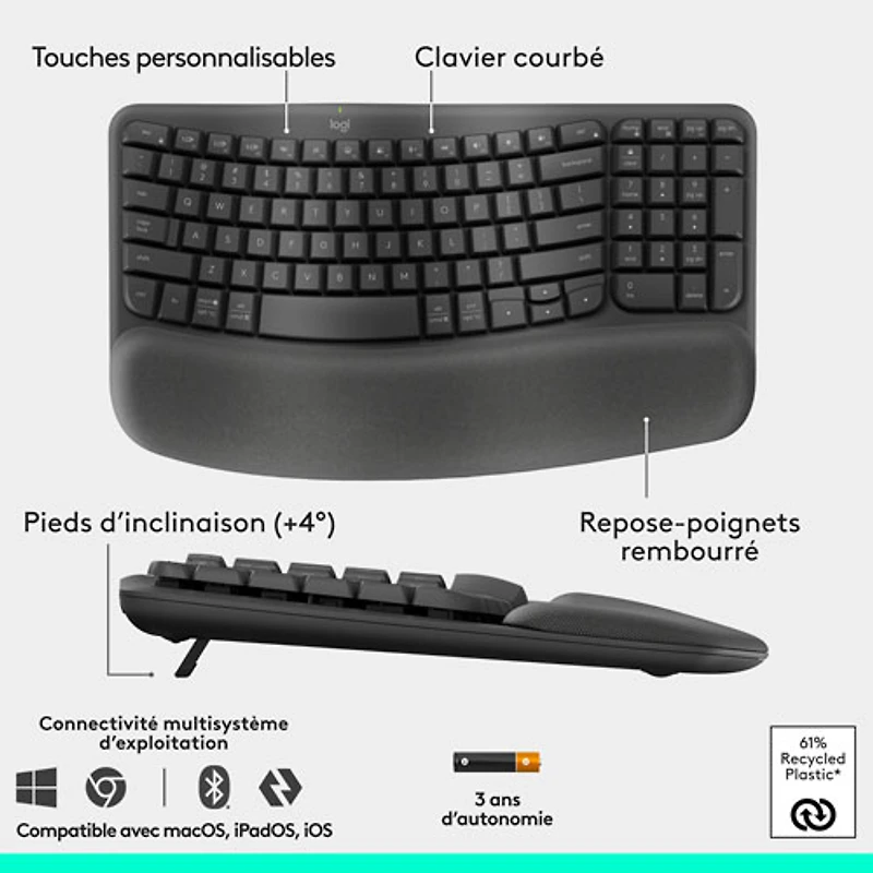 Ensemble souris et clavier ergonomique pleine grandeur à membrane Bluetooth Wave Keys de Logitech - Noir - Anglais
