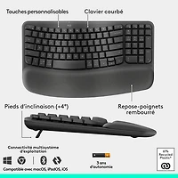 Ensemble souris et clavier ergonomique pleine grandeur à membrane Bluetooth Wave Keys de Logitech - Noir - Anglais
