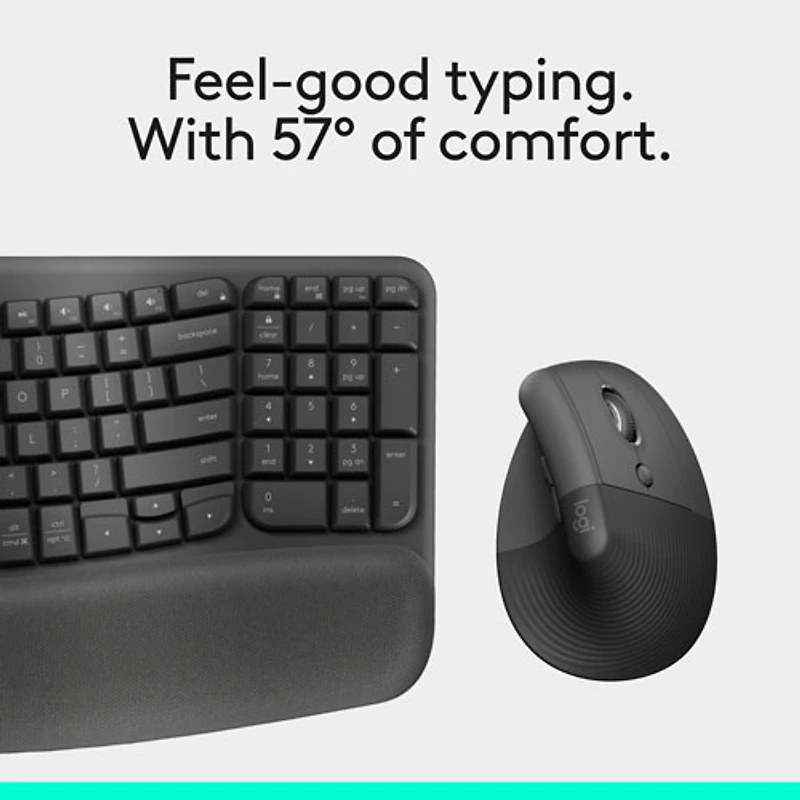 Logitech Wave Keys Bluetooth Membrane Full-Size Ergonomic Keyboard & Mouse Combo - Black - English