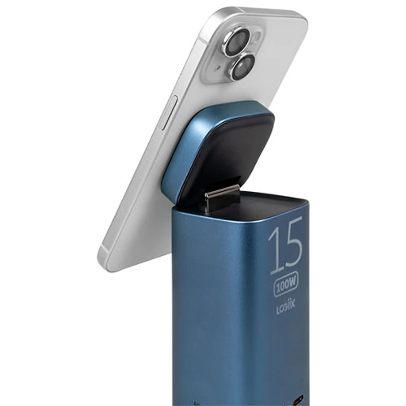 Chargeur portable USB-A/USB-C 15 000 mAh 20 W Piston Power Pro avec chargement sans fil Qi2 de LOGiiX - Bleu minuit