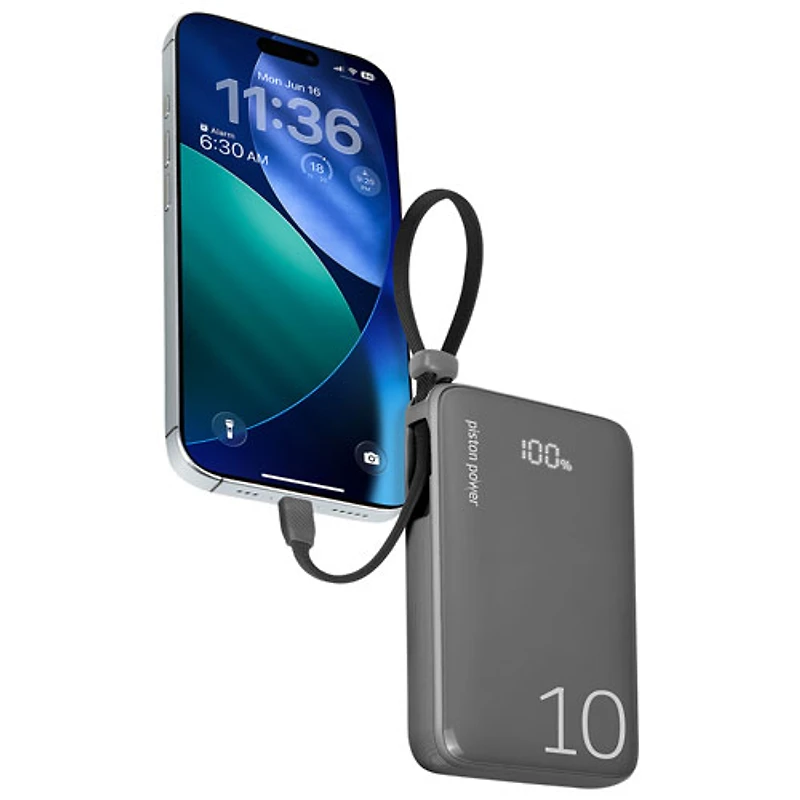 Chargeur portable 20 W 10 000 mAh Piston Power de LOGiiX avec câble USB-C - Gris