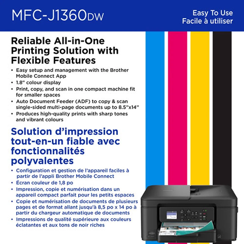 Imprimante à jet d'encre tout-en-un couleur sans fil MFC-J1360DW de Brother