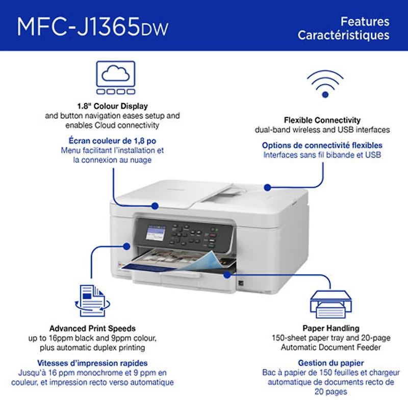 Brother MFC-J1365DW Colour Wireless All-In-One Inkjet Printer with INKvestment Tank - White