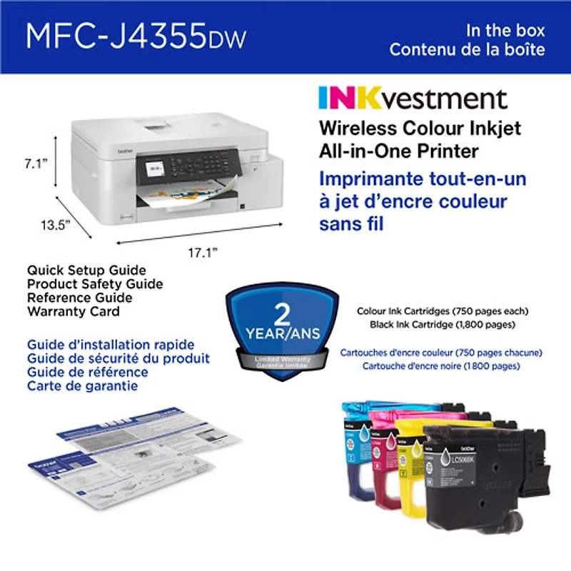 Brother MFC-J4355DW Colour Wireless All-In-One Inkjet Printer with INKvestment Tank - White