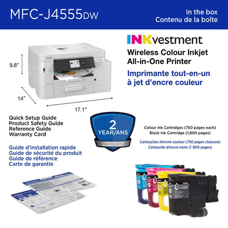 Brother MFCJ4555DW Colour Wireless All-In-One Inkjet Printer with INKvestment Tank - White
