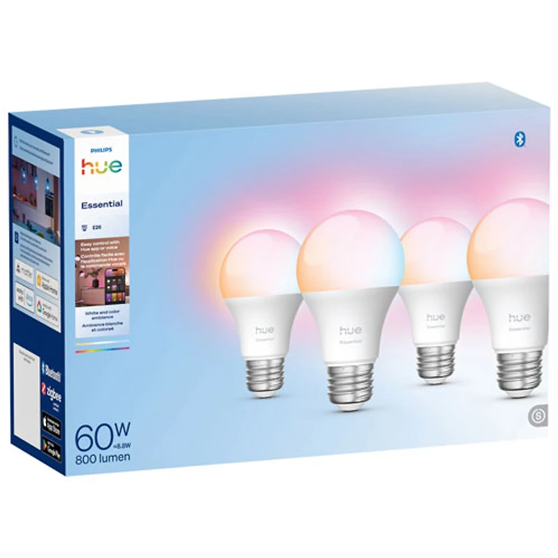Philips Hue Essential A19 Smart LED Light Bulbs - 4 Pack - White & Colour Ambiance