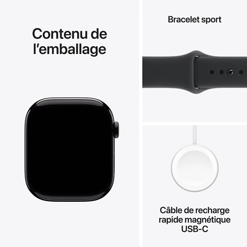 Apple Watch Series 11 (GPS + cellulaire) avec boîtier de 42 mm en aluminium noir de jais et bracelet sport noir