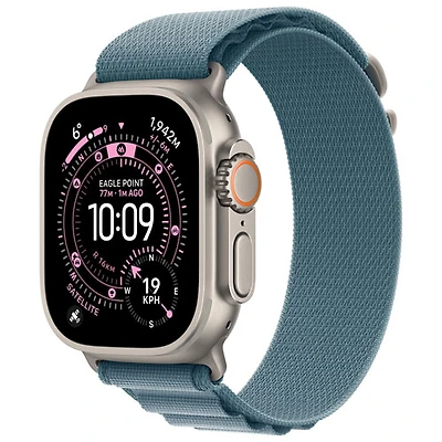 Apple Watch Ultra 3 (GPS + cellulaire) avec boîtier de 49 mm en titane naturel et bracelet Alpin bleu clair