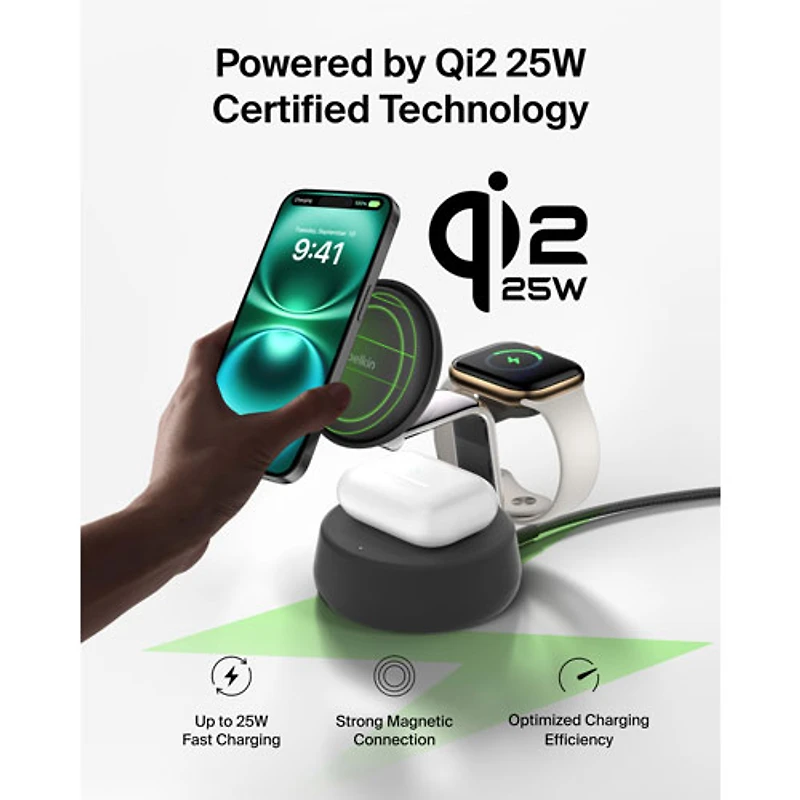 Belkin 3-in-1 25W Qi2 Wireless Charging Stand (WIZ040ttCH) - Grey