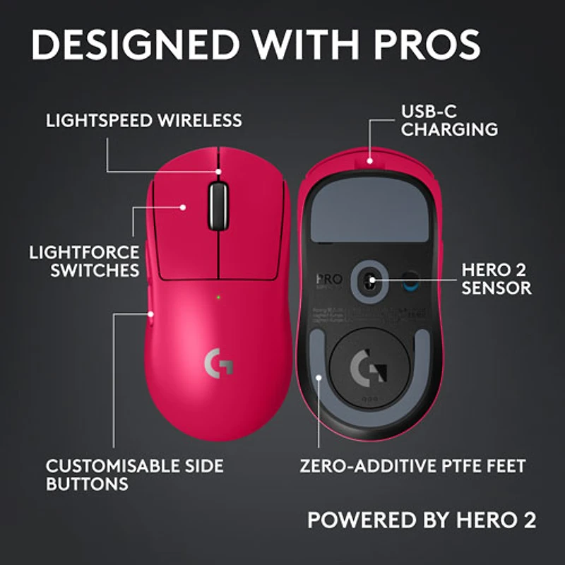 Souris de jeu sans fil compacte 44 000 ppp PRO X Superlight 2 à capteur HERO 2 de Logitech G - Magenta